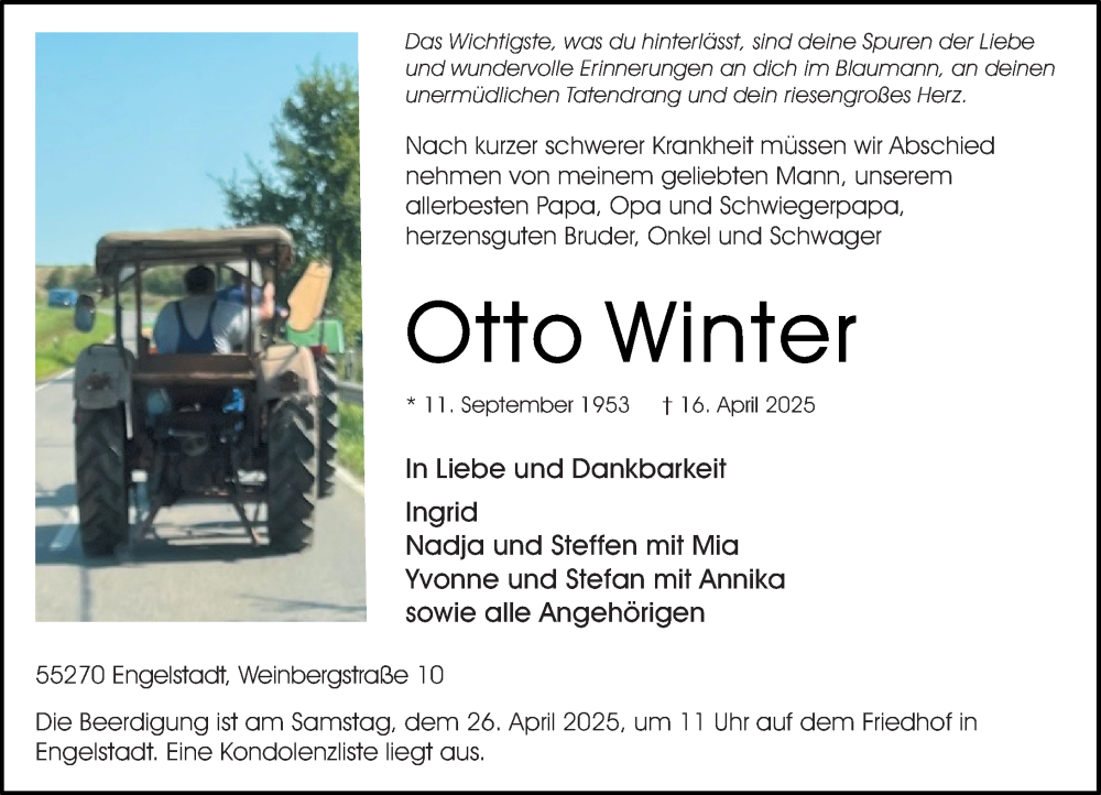  Traueranzeige für Otto Winter vom 23.04.2025 aus Allgemeine Zeitung Rheinhessen-Nahe