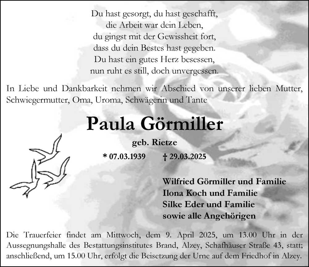  Traueranzeige für Paula Görmiller vom 05.04.2025 aus Allgemeine Zeitung Alzey