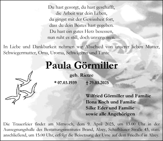 Traueranzeige von Paula Görmiller von Allgemeine Zeitung Alzey