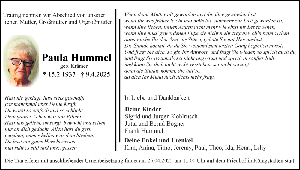  Traueranzeige für Paula Hummel vom 19.04.2025 aus Rüsselsheimer Echo