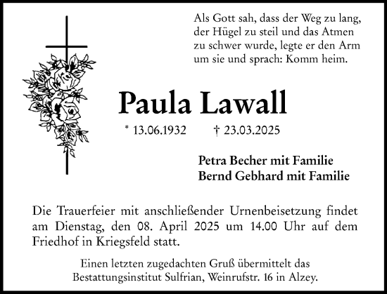 Traueranzeige von Paula Lawall von Allgemeine Zeitung Alzey