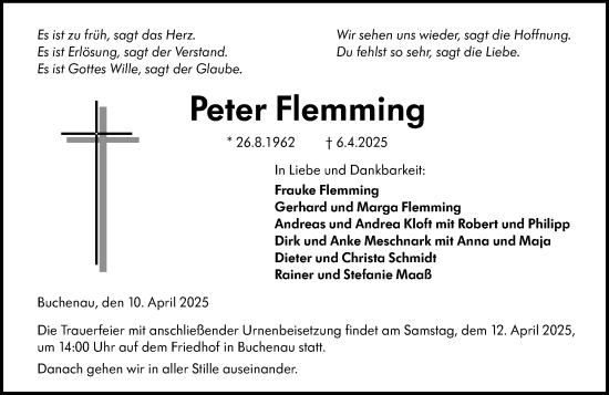 Traueranzeige von Peter Flemming von Hinterländer Anzeiger