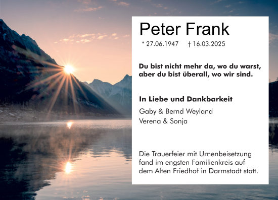 Traueranzeige von Peter Frank von Darmstädter Echo
