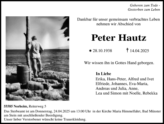Traueranzeige von Peter Hautz von Allgemeine Zeitung Rheinhessen-Nahe