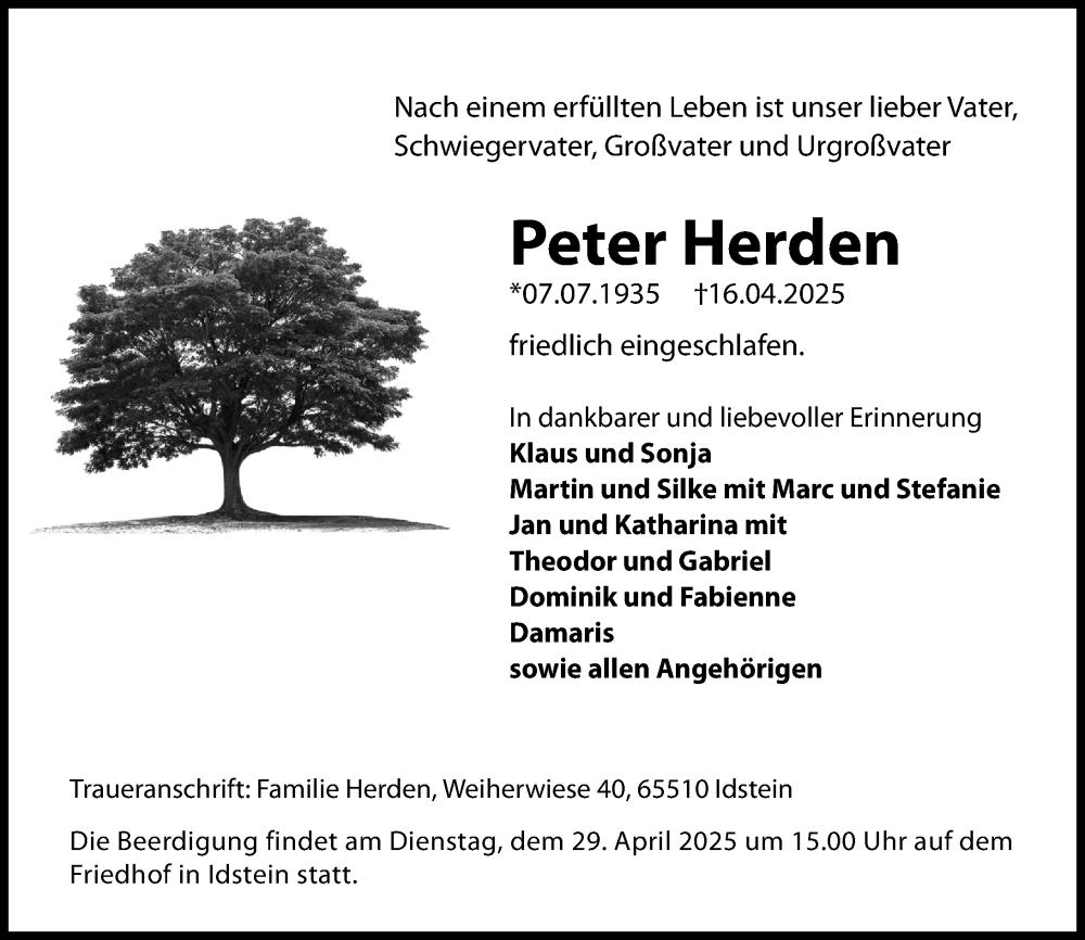  Traueranzeige für Peter Herden vom 26.04.2025 aus Idsteiner Land/Untertaunus