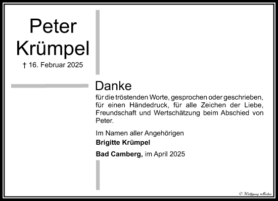 Traueranzeige von Peter Krümpel von Camberger Anzeiger