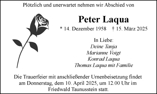 Traueranzeige von Peter Laqua von Allgemeine Zeitung Mainz