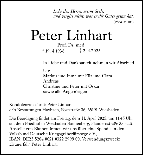 Traueranzeige von Peter Linhart von Wiesbadener Kurier