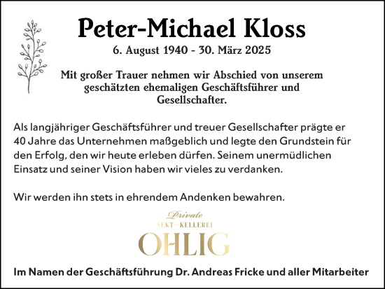 Traueranzeige von Peter-Michael Kloss von Wiesbadener Kurier