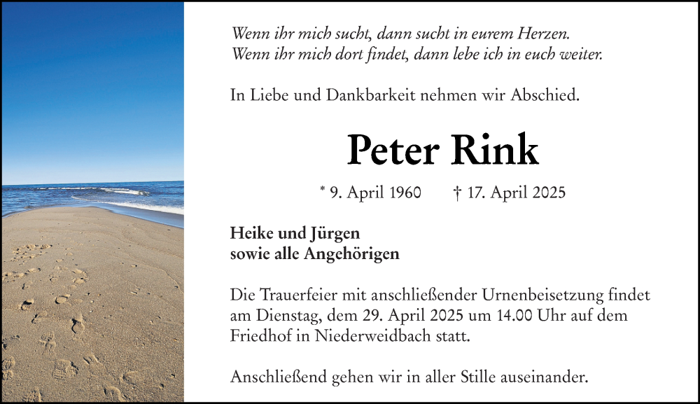 Traueranzeige für Peter Rink vom 25.04.2025 aus Wetzlarer Neue Zeitung