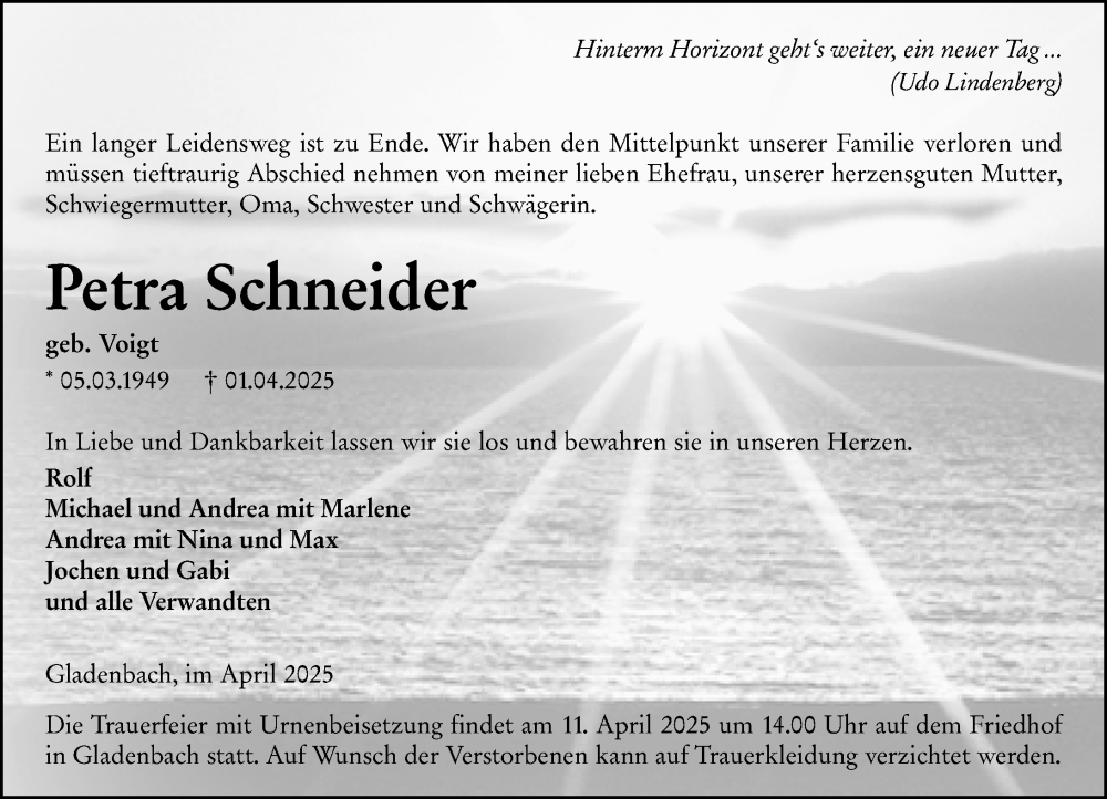  Traueranzeige für Petra Schneider vom 05.04.2025 aus Hinterländer Anzeiger