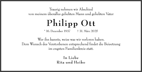 Traueranzeige von Philipp Ott von Wiesbadener Kurier