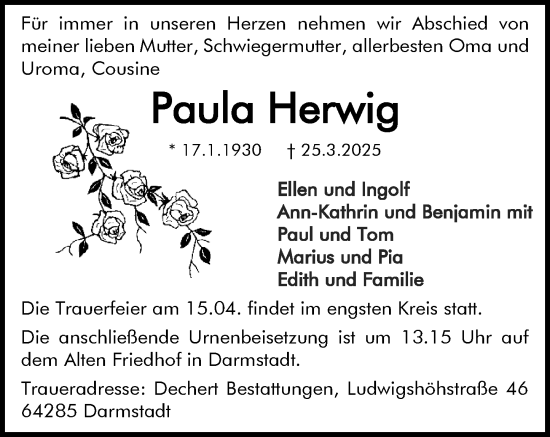 Traueranzeige von PPauula HHerwwig von Darmstädter Echo