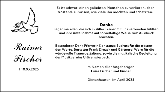 Traueranzeige von Rainer Fischer von Weilburger Tageblatt