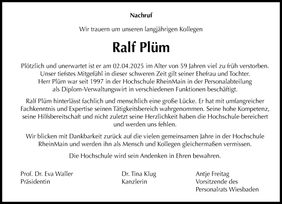 Traueranzeige von Ralf Plüm von Wiesbadener Kurier
