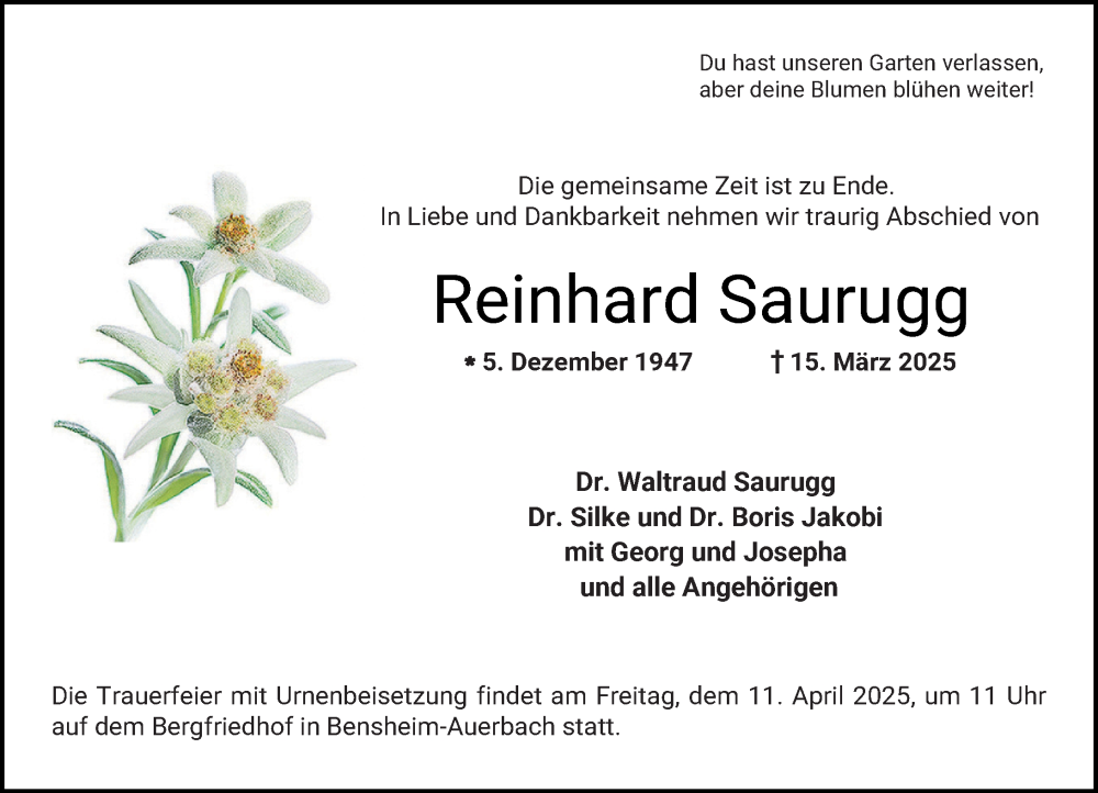  Traueranzeige für Reinhard Saurugg vom 05.04.2025 aus Starkenburger Echo