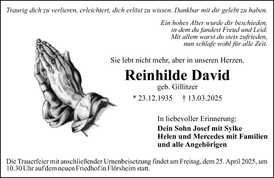 Traueranzeige von Reinhilde David von Hochheimer Zeitung