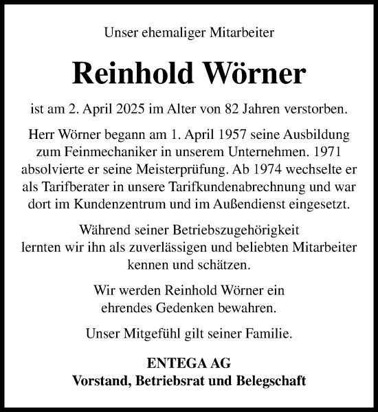 Traueranzeige von Reinhold Wörner von Odenwälder Echo
