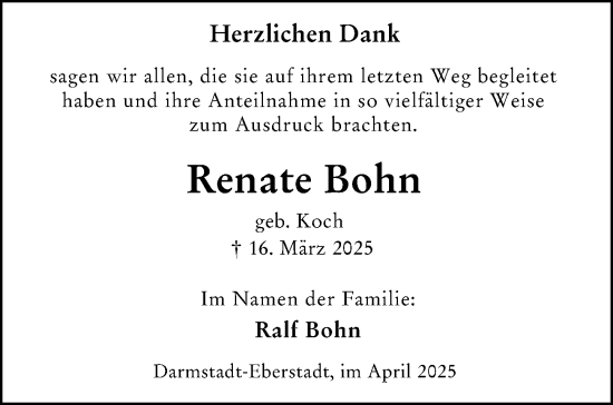 Traueranzeige von Renate Bohn von Darmstädter Echo