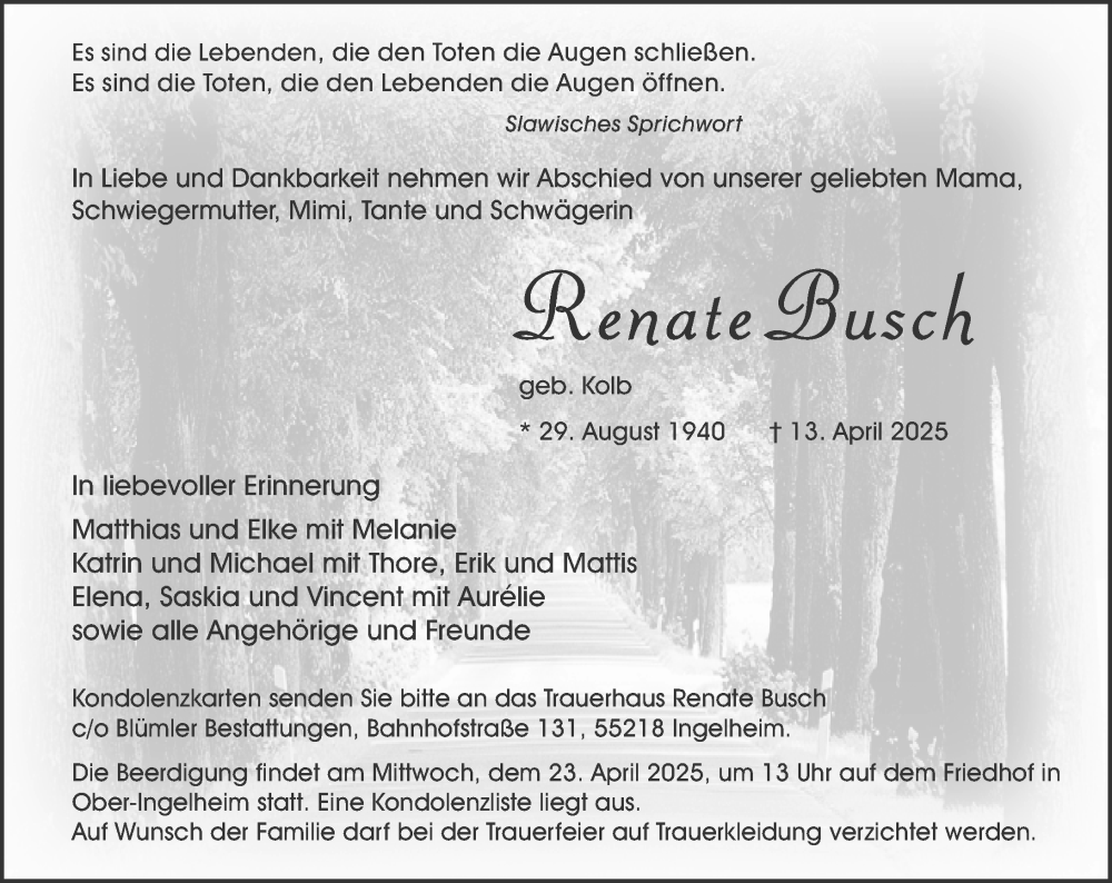  Traueranzeige für Renate Busch vom 19.04.2025 aus Allgemeine Zeitung Rheinhessen-Nahe