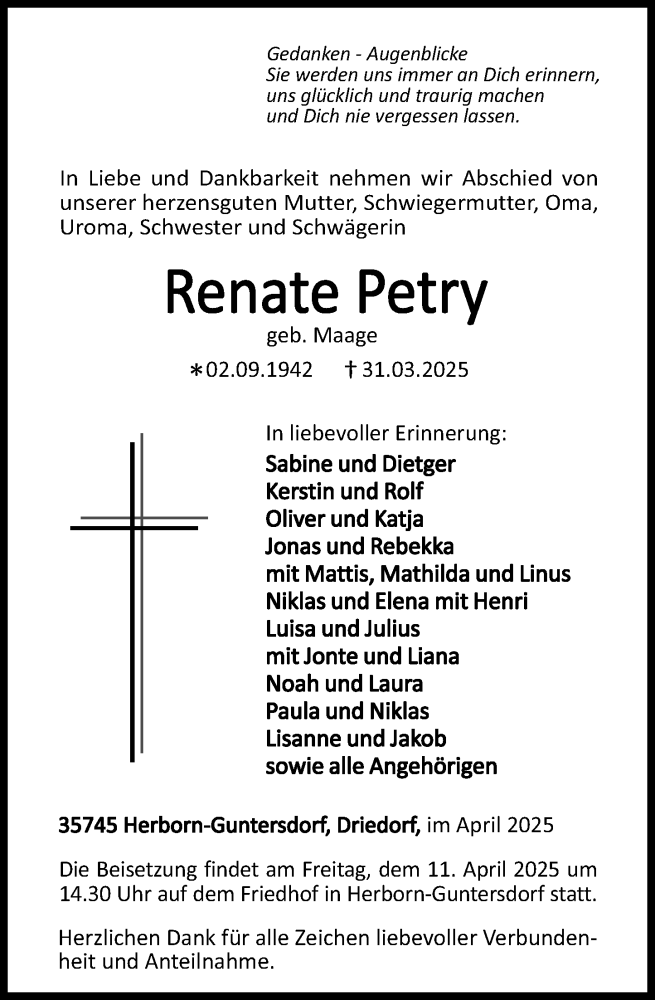  Traueranzeige für Renate Petry vom 08.04.2025 aus Dill Block