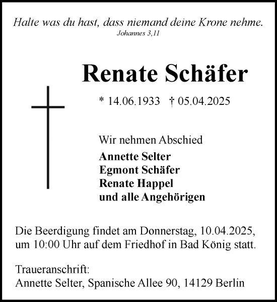 Traueranzeige von Renate Schäfer von Odenwälder Echo