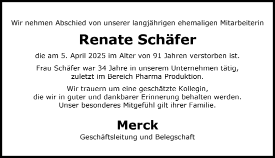 Traueranzeige von Renate Schäfer von Darmstädter Echo
