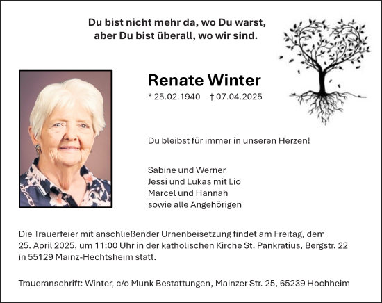 Traueranzeige von Renate Winter von Allgemeine Zeitung Mainz