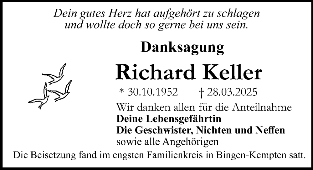  Traueranzeige für Richard Keller vom 19.04.2025 aus Binger-/Ingelheimer Wochenblatt
