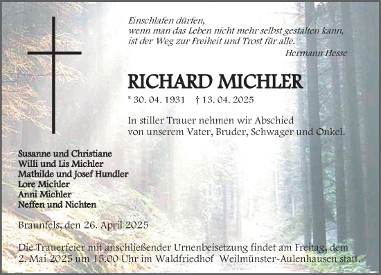 Traueranzeige von Richard Michler von Weilburger Tageblatt