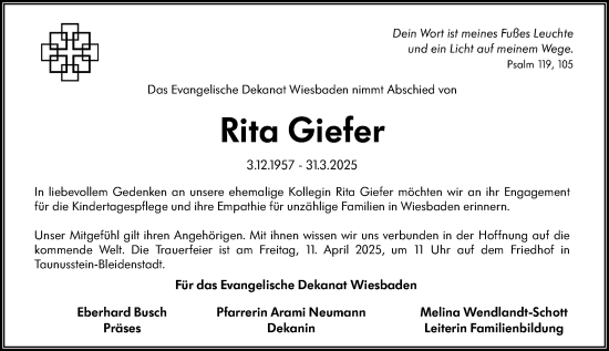 Traueranzeige von Rita Giefer von Wiesbadener Kurier