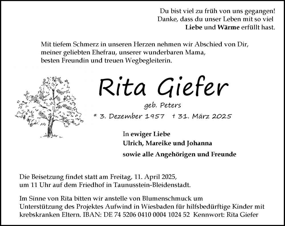  Traueranzeige für Rita Giefer vom 05.04.2025 aus Wiesbadener Kurier