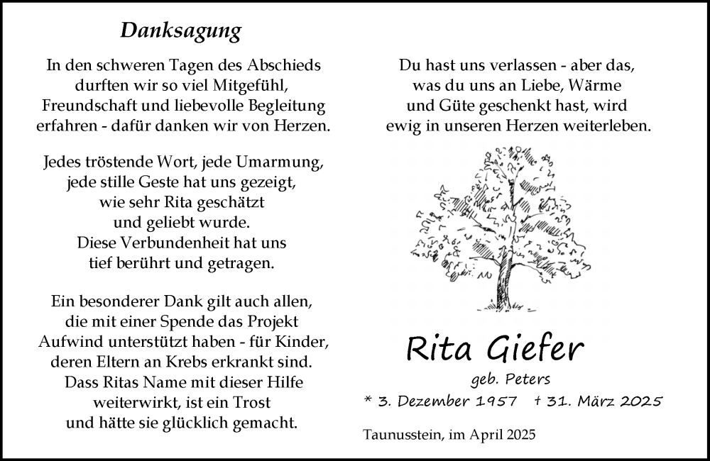 Traueranzeige für Rita Giefer vom 26.04.2025 aus Wiesbadener Kurier