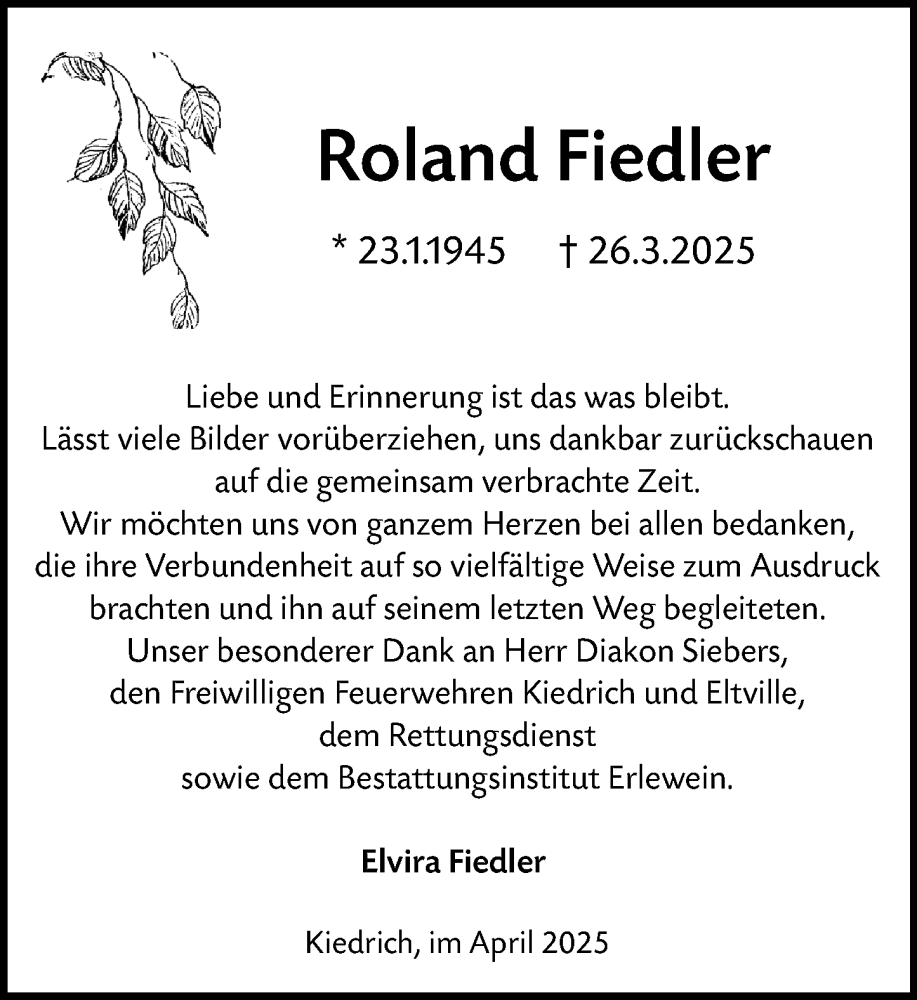  Traueranzeige für Roland Fiedler vom 26.04.2025 aus Rheingau Kurier