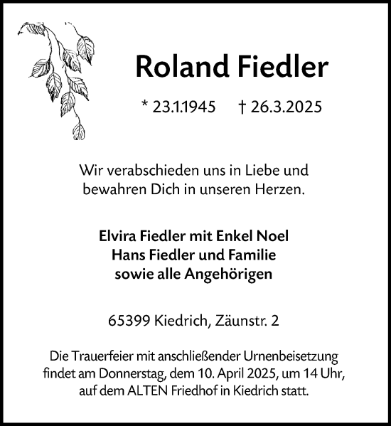 Traueranzeige von Roland Fiedler von Rheingau Kurier