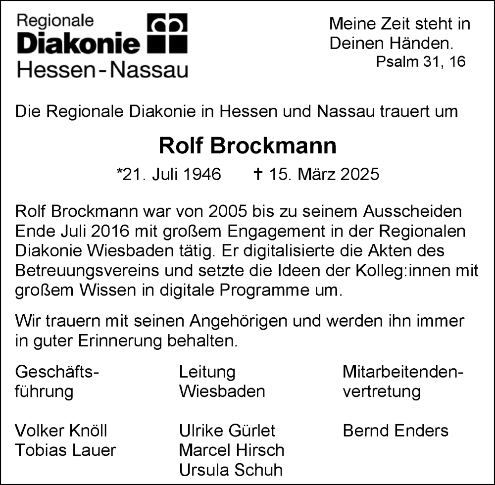  Traueranzeige für Rolf Brockmann vom 26.04.2025 aus Wiesbadener Kurier