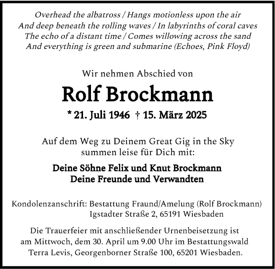 Traueranzeige von Rolf Brockmann von Wiesbadener Kurier