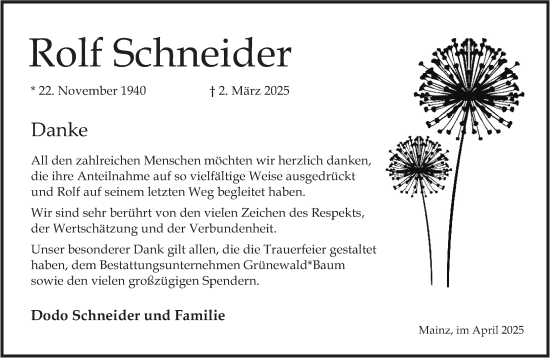 Traueranzeige von Rolf Schneider von Allgemeine Zeitung Mainz