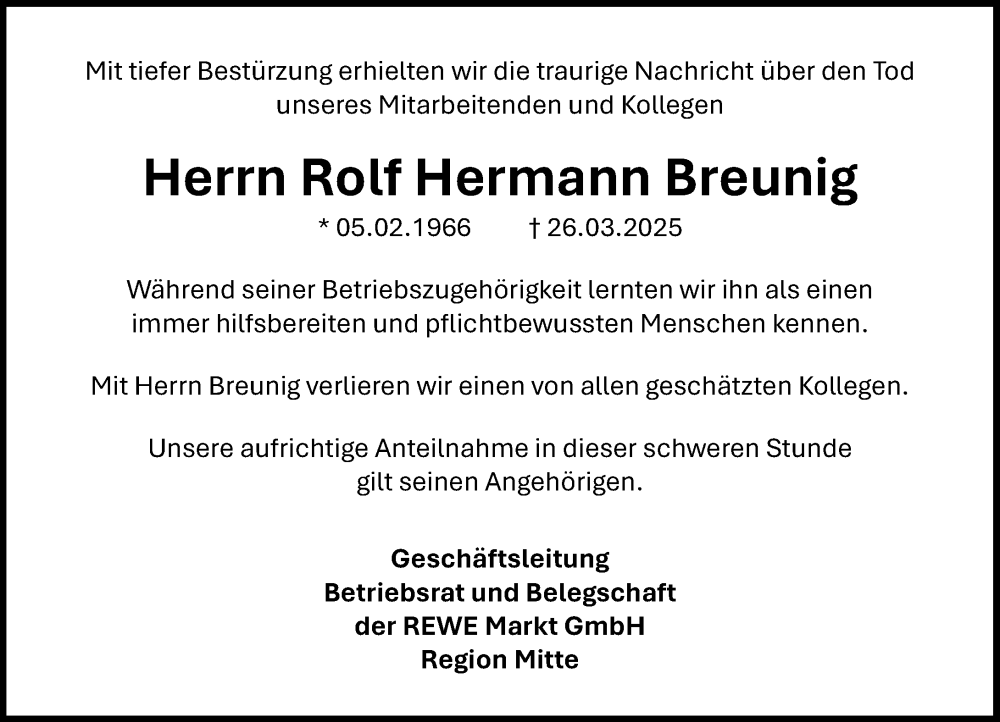  Traueranzeige für Rolf Hermann Breunig vom 26.04.2025 aus Idsteiner Land/Untertaunus