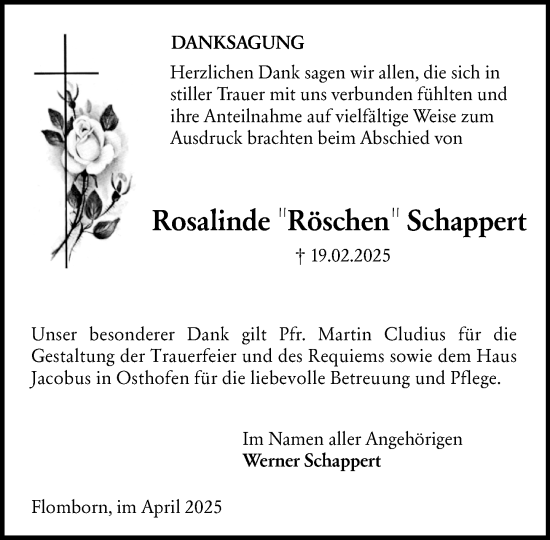 Traueranzeige von Rosalinde Schappert von Allgemeine Zeitung Alzey