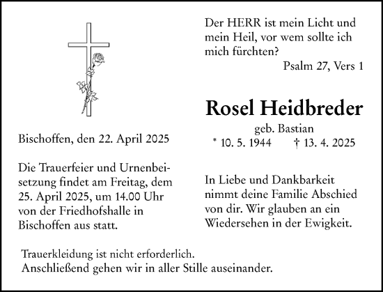 Traueranzeige von Rosel Heidbreder von Dill Block