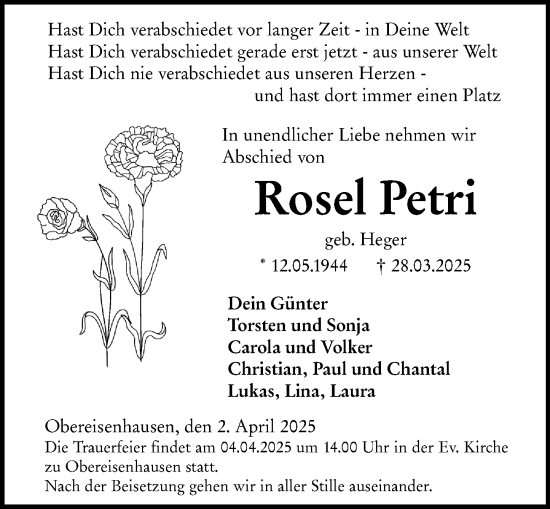 Traueranzeige von Rosel Petri von Hinterländer Anzeiger
