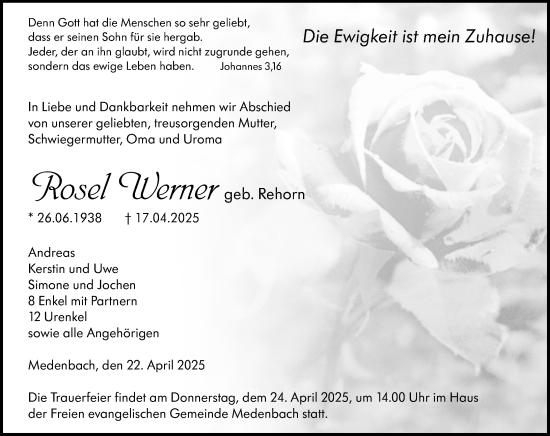 Traueranzeige von Rosel Werner von Dill Block