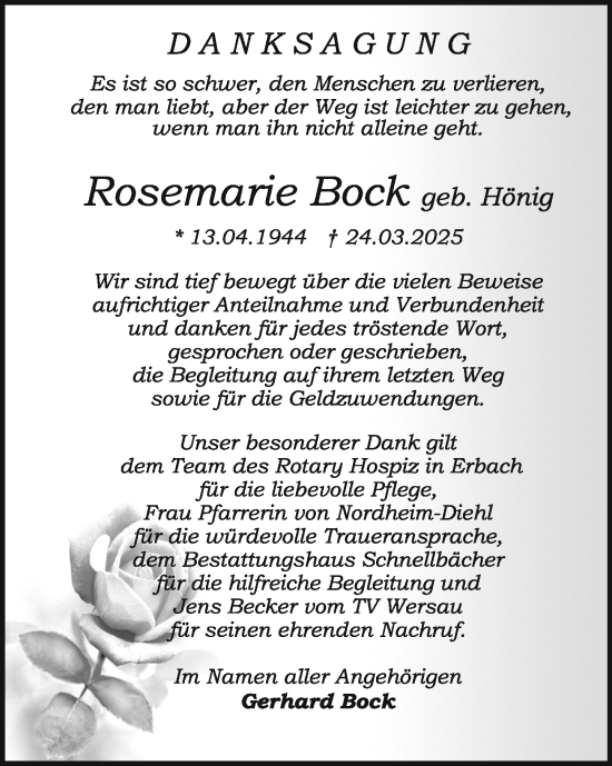 Traueranzeige von Rosemarie Bock von Odenwälder Echo