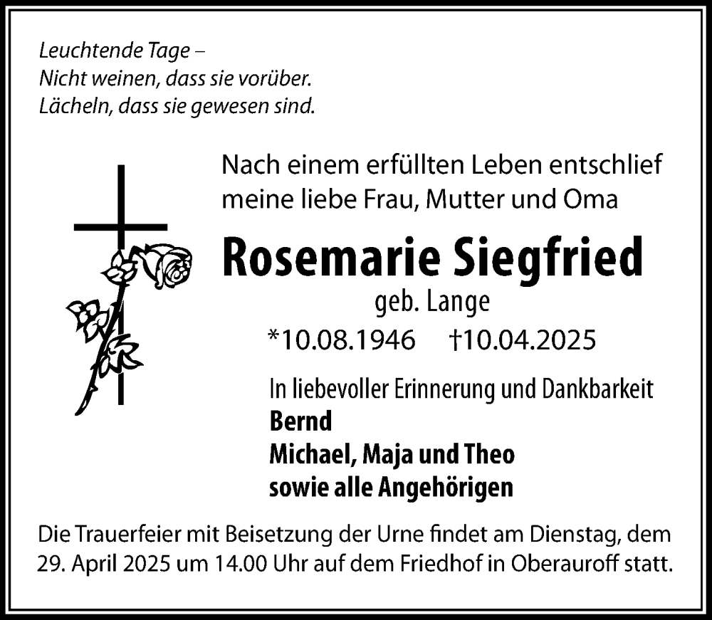  Traueranzeige für Rosemarie Siegfried vom 19.04.2025 aus Idsteiner Land/Untertaunus