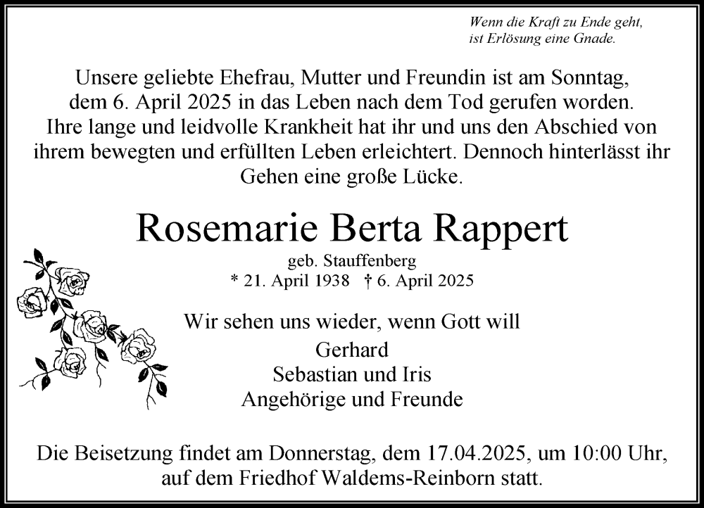  Traueranzeige für Rosemarie Berta Rappert vom 12.04.2025 aus Idsteiner Land/Untertaunus