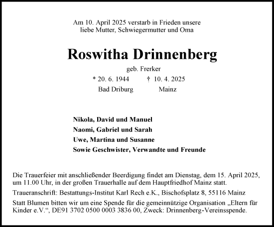 Traueranzeige von Roswitha Drinnenberg von Allgemeine Zeitung Mainz