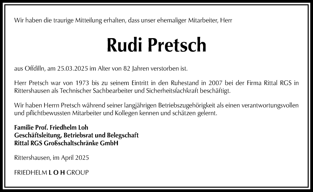  Traueranzeige für Rudi Pretsch vom 03.04.2025 aus Dill Block