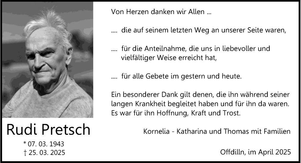  Traueranzeige für Rudi Pretsch vom 19.04.2025 aus Dill Block