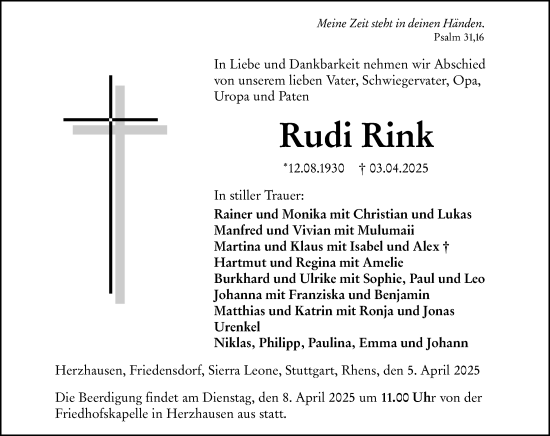 Traueranzeige von Rudi Rink von Hinterländer Anzeiger